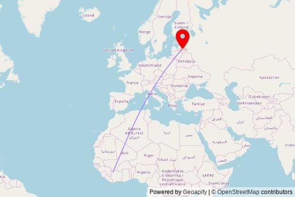 A map showing the great circle route from Odienné in Côte D'Ivoire to a map pin at Lazdonas luterāņu baznīca, Oskara Kalpaka iela 21, Madona, LV-4801, Latvia