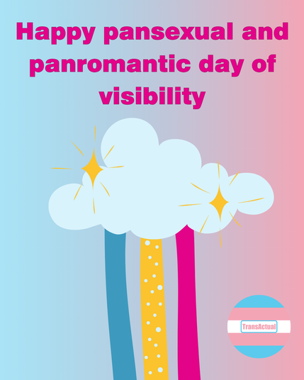 Happy pansexual and panromantic day of visibility. Illustration of a cloud with with blue, yellow and pink ribbons coming from it.