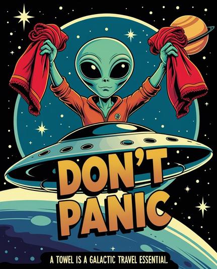 ①«Generated by LeonardoDiffusion»
This is a whimsical illustration of an alien leaning out of a UFO, holding a towel in each hand. The alien is holding a red towel in each hand, which he proudly displays. In the background are twinkling stars and a planet with rings like Saturn. The towel has bold text on it that reads "DON'T PANIC" and underneath the alien is the text "A towel is a galactic travel essential." (Earth colors, psychedelic art)
#本日の成果物 #aiartcommunity