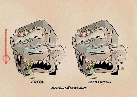 Illustration in Art eines Dyptichons. Man sieht zweimal das identische Bild eines erschreckten Kindes, welches mit Ranze die Straße betritt und sich unversehens einer zu Ungeheuern gewordenen Autohorde gegenüber sieht. Unter der einen Wiedergabe steht Fossil unter der anderen Elektrisch. Darunter die Textzeile Mobilitätswende.
