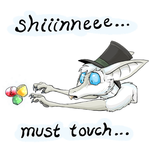 A digital drawing in telegram sticker style of the head shoulder and arms of a white furred yinglet reaching for some faceted gems shaped to fit into a canes handle. The gems are amber, emerald and ruby.

The yinglet has long spindly arms ending in paw-like hands with short stubby fingers, black pads on palms and fingers and sharp black claws. 

His arms are grey furred up to his elbow, the forearms much longer in proportion to his upper arms than a humans, his uper arms, neck and most of his face is an even fluffier white fur.

He has large white bat-like ears with grey tips, grey along the top of his narrow muzzle and a single sharp yellowed tooth from his upper mouth.

His eyes are large and totally light blue except for the narrow pupil slits.

He is wearing a black tophat with a green hat-band.

He is staring at the gems with desire as he reaches towards them almost touching.

The text above the image reads "shiiinneee..." and below the image is "must touch..."