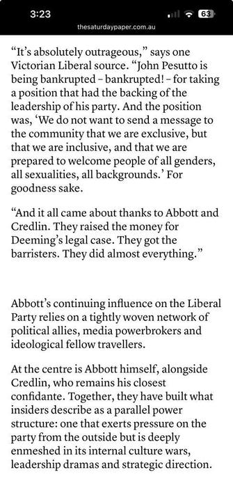 An article from The Saturday Paper portraying Abbott and Credlin as Machievallian figures in the Liberal Party.