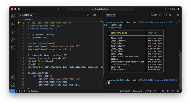 Screenshot of VS Code with a single ListDir.cs file open and next to it is tab with the terminal that executed that file directly in the terminal. ./ListDir.cs .. 