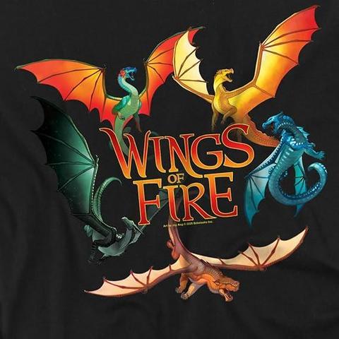 A picture of a t-shirt sporting an official design with the text "Wings of Fire" in the middle using the official font, surrounded by 5 dragons:
From top left clockwise: Glory, Sunny, Tsunami, Clay, Moon.