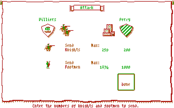 Our forthcoming attack against house Percy consists of 200 knights and 1000 footmen. We're throwing caution to the wind here and hoping that land and gold gains will offset military losses.
