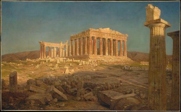 The Parthenon by Frederic Edwin Church

"Church visited Greece in 1869 and spent several weeks in Athens. There, he painted numerous studies and oil sketches of the ruins of the Parthenon that later served as the basis for this work. Although he intended to paint a large canvas of the Parthenon while still in Greece, it was not until 1871 that a commission from the financier and philanthropist Morris K. Jesup permitted Church to begin this large canvas. By February of that year, he was already at work on "a big Parthenon". By May, he had apparently finished the painting and wrote of his concern for its proper lighting in Jesup's home. The picture was first exhibited in New York at Goupil's Gallery in 1872 where it was highly acclaimed. It appeared subsequently in many major exhibitions, including the Paris Exposition Universelle of 1878." - from the Internet Archive
