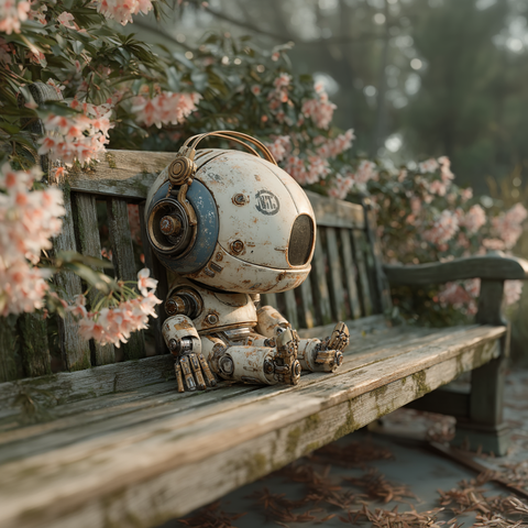 Midjourney Prompt: A sleeping anthropomorphic wind-up music box robot shaped like an elegant swan, sneezing while resting on a weathered wooden park bench, blooming white acacia trees in full spring glory, ethereal morning mist, soft morning sunbeams filtering through branches, delicate white petals floating in the air, photorealistic, cinematic lighting, shallow depth of field, Studio Ghibli inspired, 8k --chaos 20 --stylize 1000 --v 7