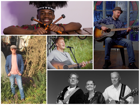 A collage of photos featuring musicians playing at the museum in June: Tawanda Mapanda, wearing traditional-style dress, Phil cooper sitting and playing guitar, The three members of The Sylvertones, John Chivers standing outdoors, and Adam Woodhouse playing guitar and singing.