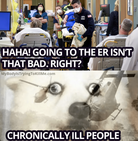 1st panel:
picture of an Emergency Room

haha! Going to the ER isn't that bad, right?

2nd panel:
pic of a dog having flashbacks of war

Chronically ill people