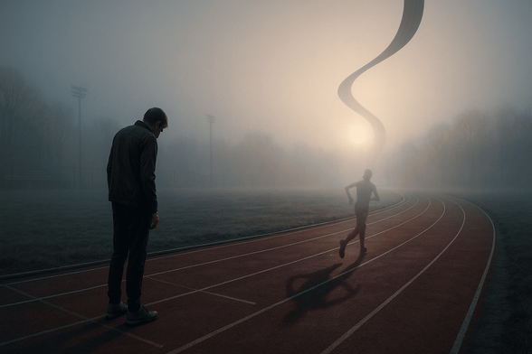 A lone figure stands on a red running track surrounded by mist. A surreal dark ribbon rises into the sky above them like a question mark, suggesting memory, loss, or time passing. The atmosphere is quiet, introspective, and dreamlike. Generated with AI for symbolic storytelling.