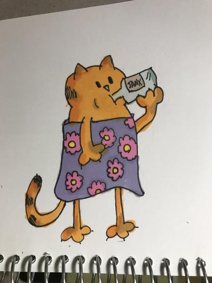 A sketchbook drawing done with markers of an orange cat wearing a purple towel with pink flowers. The cat is drinking directly from a bottle labeled “Janx” 