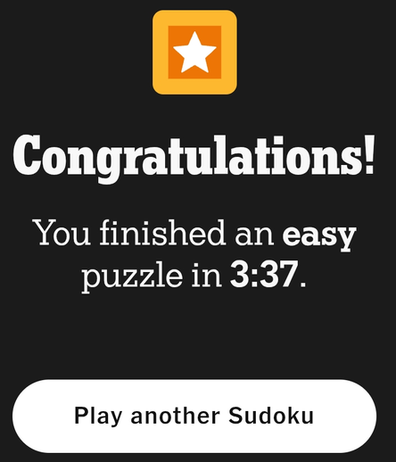 Text displayed on a black background announces a successful completion of an easy Sudoku puzzle in 3 minutes and 37 seconds. A star icon is positioned above the word "Congratulations!" and below, a button prompts the user to "Play another Sudoku."