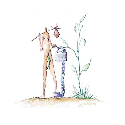 My watercolor painting titled “Hidden Genius” has a chained man with bindle over his shoulder, exposed except for a single leaf concealing his nether regions. 