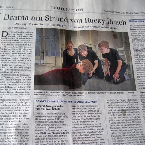 Zeitungsartikel zum Theaterstück "Die drei ??? - Im Auge des Sturms" im Jungen Theater Bonn (Bonner General-Anzeiger, 24.05.2025)