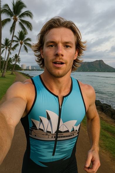 AI-generated selfie of a man running in a triathlon suit with a simple and stylized Sydney Opera House graphic, with Diamond Head in the background