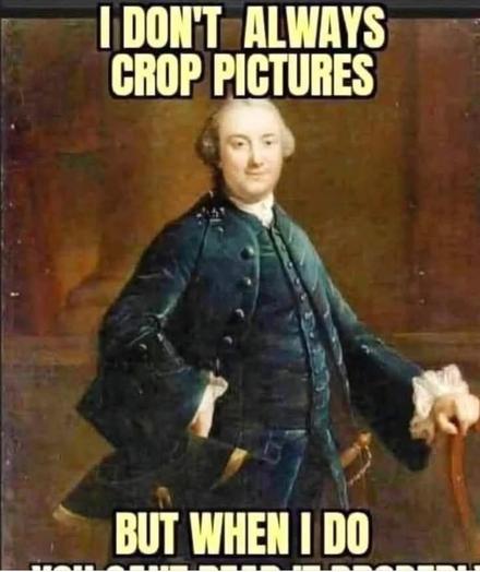 An old portrait (maybe 17th or 18th century) of a gentleman in some finery posing.

Across the top, it says: I don’t always crop pictures.

In the bottom it says: But when I do
Below that is unintelligible text that has been cut off.