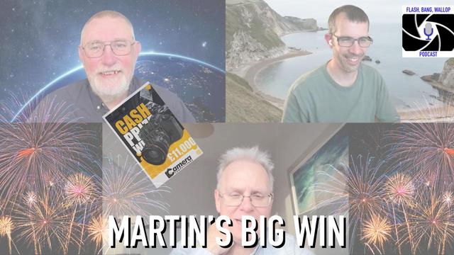 Three smiling men in a virtual video call, each with different backgrounds. Fireworks and a ‘£11,000 Cash Prize Winner’ graphic surround the bottom section. A podcast logo in the top right reads ‘Flash, Bang, Wallop Podcast’. Bold text at the bottom says ‘Martin’s Big Win’