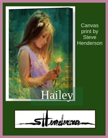 Canvas print of an original oil painting depicting a young girl looking at a flower in her hands.