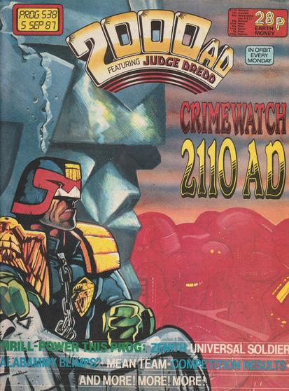 The front cover of 2000AD Prog 538 for 5 September 1987, featuring cover art by Liam McCormack-Sharp showing Judge Dredd beside a carved rock edifice much resembling his own noggin and looking out over a red Mega City One.