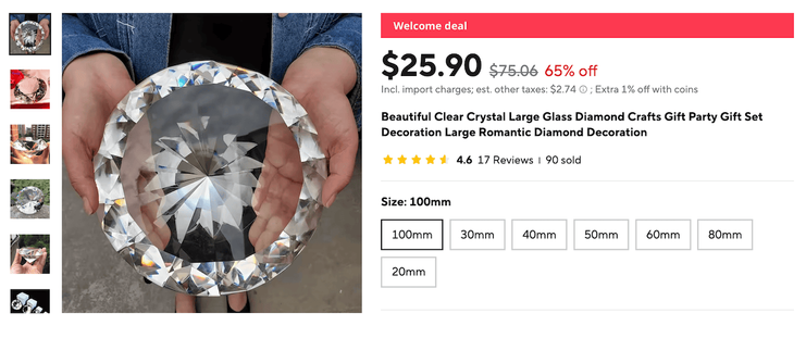 aliexpress screenshot showing what looks like a huge diamond for only 25.90