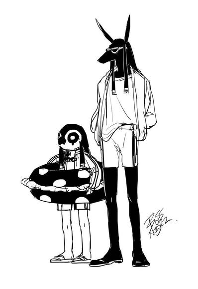 Fan art of Kemet deities Anubis (Anpu) and Horus the Younger (Heru) dressed in pool attire. Horus has an innertube. Artist: bossnori (bossnori.tumblr.com)