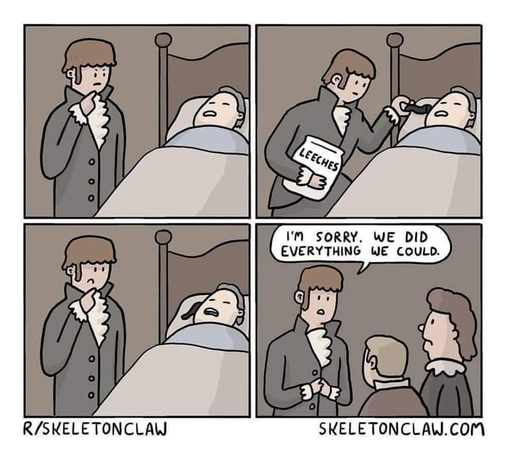 1st panel: thomas jefferson looking doctor looking at a patient in bed thinking

2nd panel: doctor puts leeches on patient's face

3rd panel: just looking and thinking about it

4th panel: doctor saying to the family 'i'm sorry, we did everything we coudl'