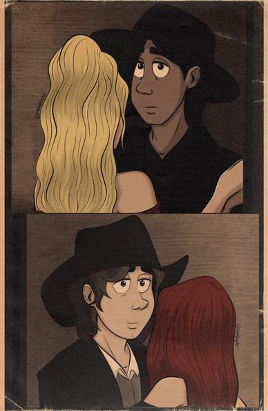 Ezra and Alex watching each other while they're dancing with women.