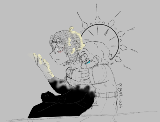 ID: A digital sketch of Robert and Yelena from Thunderbolts*. Yelena is hugging him from behind, a halo shining above her. Bob looks down at his hand in disbelief as Yelena's light chases the void away. End ID.