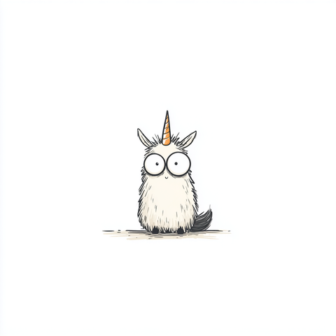Midjourney Prompt: funny cartoon fluffy unicorn, expressive eyes, offbeat proportions, quirky line art, simple flat style, white background only, digital illustration --profile d1q4cnm --v 7