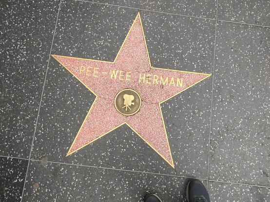 Pee-Wee Herman's start on the Hollywood Walk of Fame. The star has his name and a cinema camera medallion in a pink granite star with a gold outline which is in a black granite square. I don't know if it's actually granite though. You can see my shoes a bit too.
