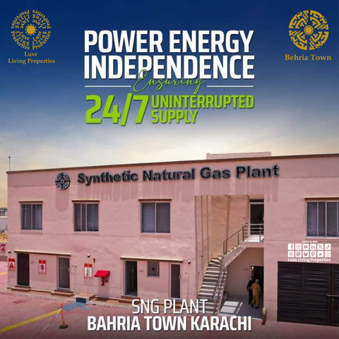 A view of Bahria Town Karachi’s Sustainable Natural Gas (SNG) Plant featuring modern energy infrastructure, with illuminated buildings and power lines, representing continuous electricity and eco-friendly development.