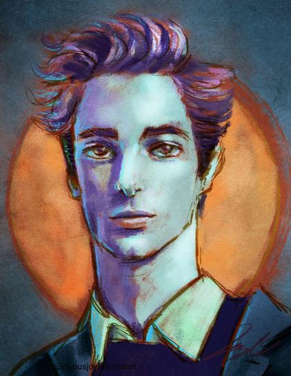 Painting of a young man with blue skin. Looking out at the viewer. Behind him is an orange circle. The artist's signature and @joyousjoyfuljoyness watermark are at the bottom.