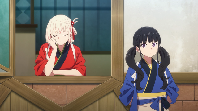 Chisato and Takina from the anime OVA Lycoris Recoil: Friends Are Thieves of Time.
