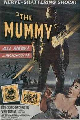 Theatrical poster of The Mummy, showing the titular character menacing a scantily clad woman whilst a beam of light pierces a hole in his torso