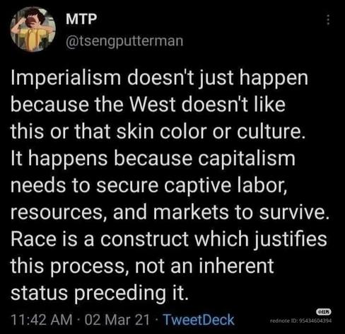 Imperialism doesn't just happen because the West doesn't like this or that skin color or culture.

It happens because capitalism needs to secure captive labor, resources, and markets to survive.

Race is a construct which justifies this process, not an inherent status preceding it.