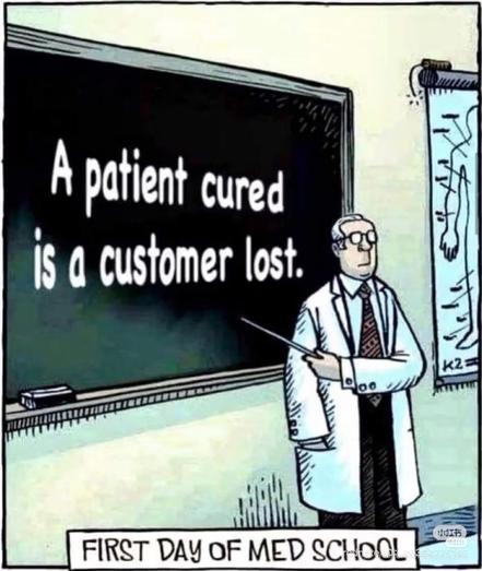 FIRST DAY OF MED SCHOOL:

The doctor pointed to the words on a chalkboard that said, "A patient cured is a customer lost."