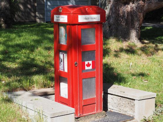 A tall red library made to look like a British telephone booth.