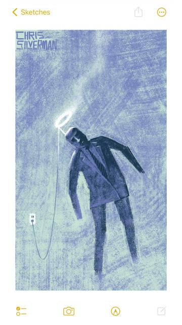 A stiff figure in a suit tilts sideways, looking off-balance. Fixed to its head is a large, glowing white halo mounted on a small pole. Thin smoke rises from the halo. The halo is plugged into a wall outlet, and it is the shortness of the cable that is causing the figure to tilt. This is a dull green and periwinkle painting, with the figure rendered in dark shades of periwinkle. The painting is signed "Chris Silverman".