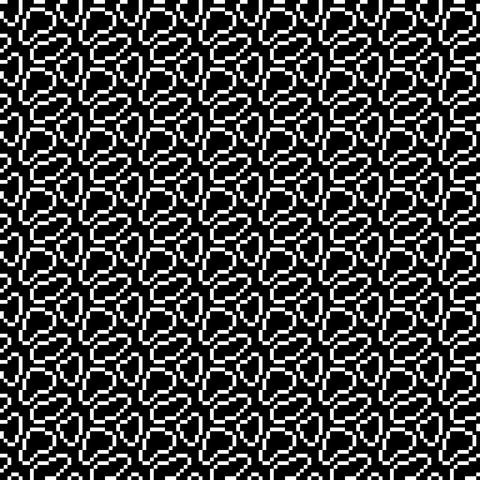three amorphous pixelated blobs fit together to form a regular, repeating pattern 