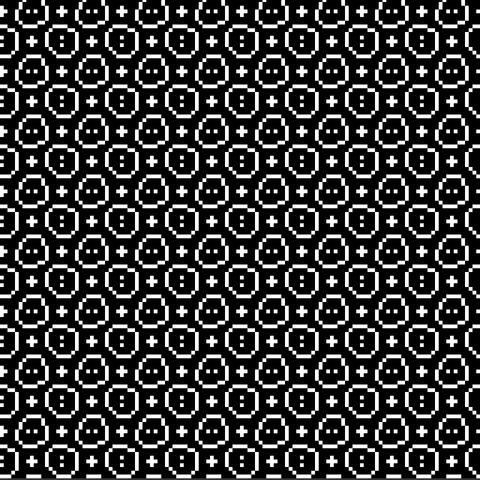 a grid of blobby pixelated near-circles is tilted at a 45 degree angle. little plus signs and pairs of dots fill in the negative spaces in a repeating pattern.