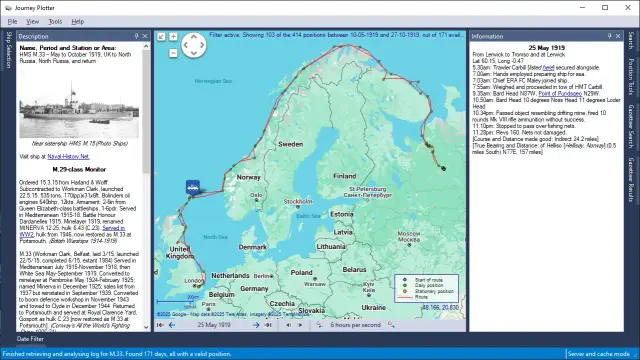 Screenshot of Journey Plotter showing the 1919 journey of HMS M.33, and the events recorded in her log-book for 25 May 1919.