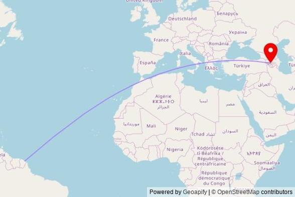 A map showing the great circle route from Cayenne in France to a map pin at The Holy Mother of God Church, Vardenisyan Street, Tsovak, Gegharkunik Province, Armenia