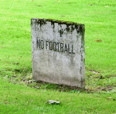 Schild aus Beton mit der Aufschrift "No Football" steht in grasgrünem Rasen