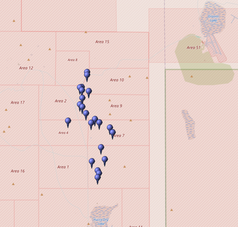 Kartierung aller Koordinaten von "Operation Fulcrum (Atomtest)" im Testgebiet Nevada (Nevada National Security Site, NNSS)
Quelle: OpenStreetMap
Lizenz: Open Data Commons Open Database-Lizenz (ODbL)