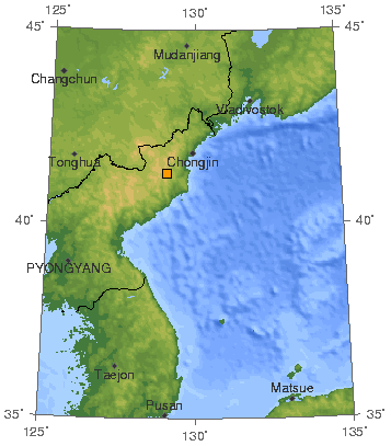 Erdbeben verursacht durch Nordkoreas Atomwaffentests im Untergrund. Die Größe des orangefarbenen Quadrats gibt die Stärke (4,7) an.
Quelle: USGS - https://earthquake.usgs.gov/eqcenter/recenteqsww/Maps/10/130_40.php
Lizenz: Public domain