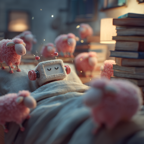 Midjourney Prompt: A vertical 16:9 commercial-style wide shot of a tired but cartoonishly sleeping robot lying in bed, seen from behind. The bed is stacked with books and papers, but the mood is playful. Large, pink sheeps float around him in a whimsical, scattered way--some closer to the camera, some overlapping each other and gently obscuring parts of his body, like playful distractions. The lighting is soft and warm, with a bright, lighthearted color palette. The overall tone is cheerful and humorous, like a fun office snack commercial --raw --stylize 200 --v 7