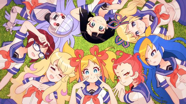 The main comic cast lying in a circle formation on a grass field. Classic.