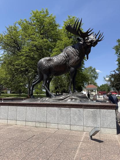 A large bronze statue of a moose stands prominently in a park, surrounded by green trees and under a clear blue sky. The statue features detailed fur and antlers, mounted on a stone pedestal. Nearby, a person is observing the statue.