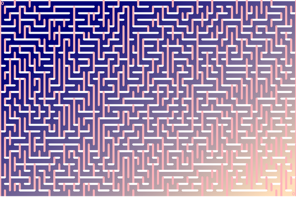 A colorful autogenerated maze. Picture generation details: screen height: 1144, screen width: 1716, primary background color #FFDFBA, primary line color: #FFB3BA, using gradient mask mask20.png, gradient background color #000077, square: 35, width: 9, radiusB: 6, radiusW: 4, effect: 12