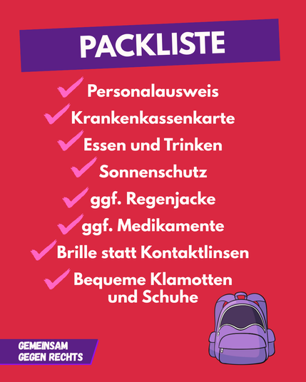 Sharepic "Packliste: Personalausweis - Krankenkassenkarte - Essen und Trinken - Sonnenschutz - ggf. Regenjacke - ggf. Medikamente - Brille statt Kontaktlinsen - Bequeme Klamotten und Schuhe